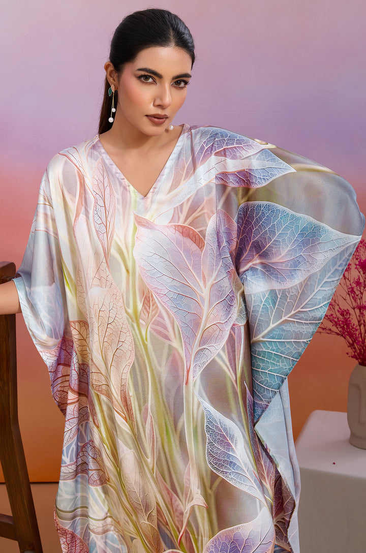 Maple Canopy Soft Satin Women Kaftan Dress with Digital Print