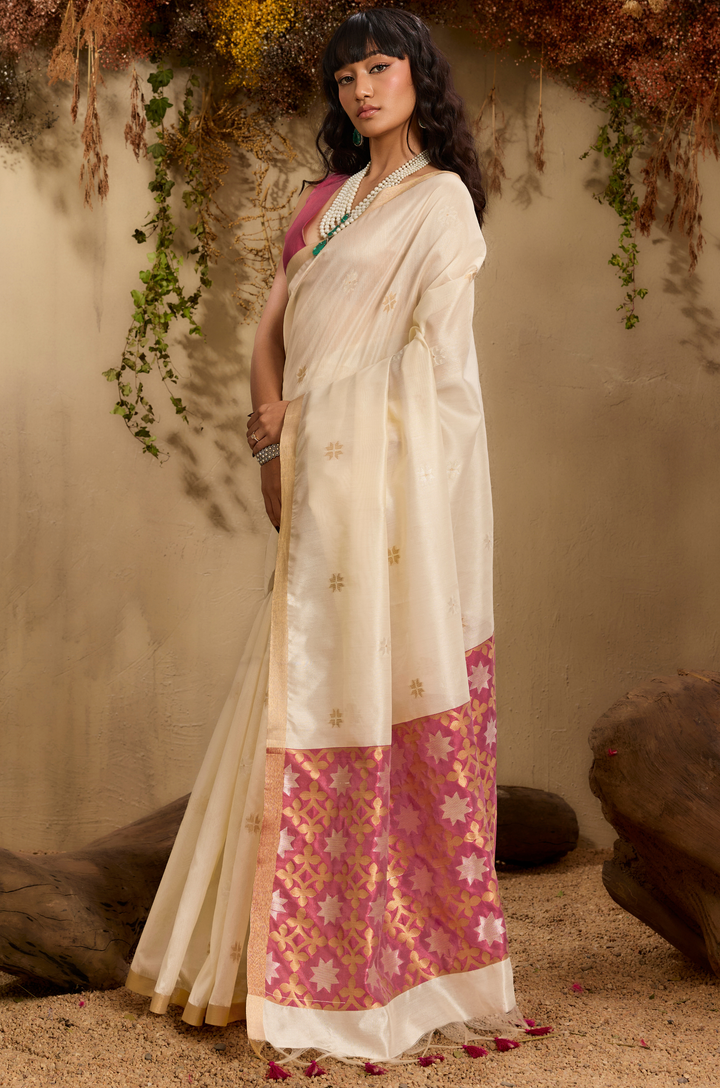Cream Zarina Woven Tusshar Silk Saree
