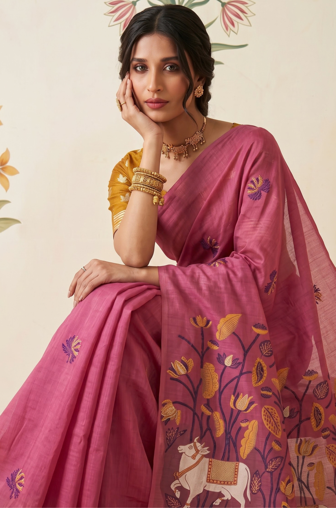 Pink Woven Jamdhani Cotton Saree | Braj Collection