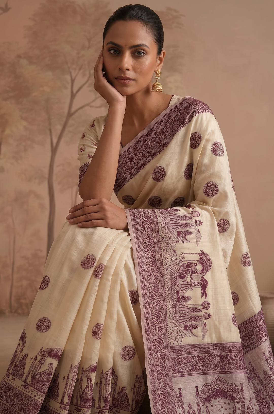 Wine Woven Jamdhani Cotton Saree | Sutra Collection