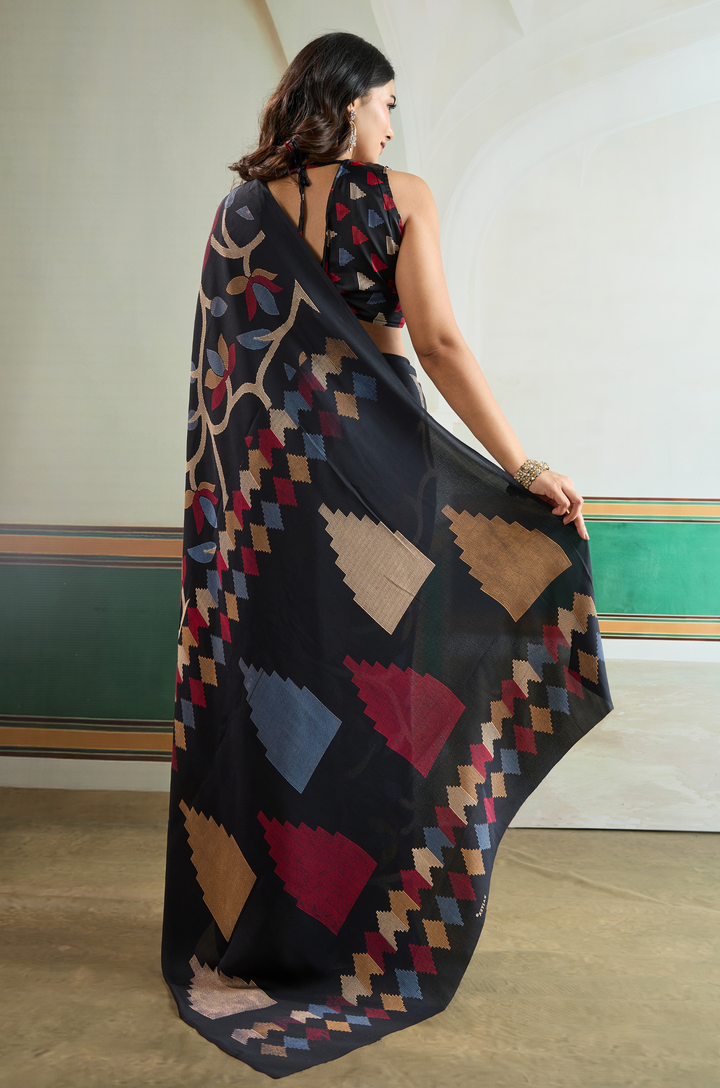 Black Vibrant Luxe Digital Ajrakh Print Saree
