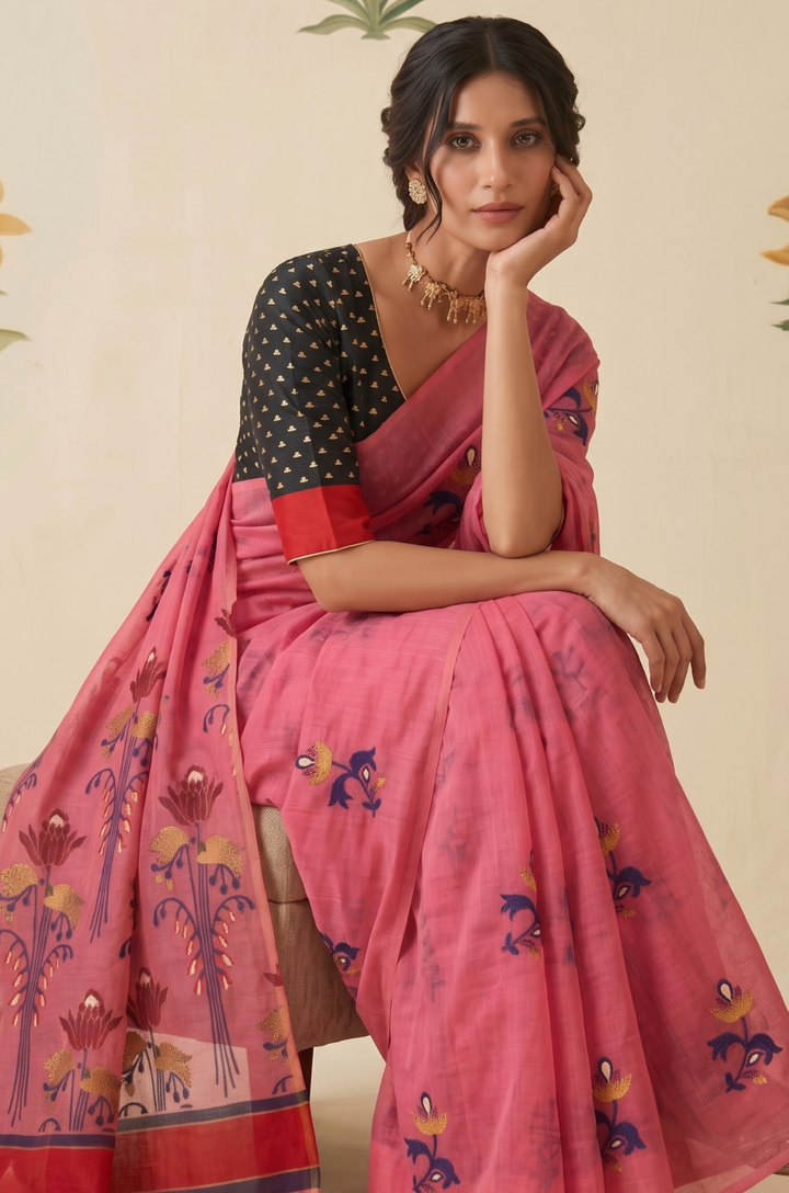 Blush Pink Woven Jamdhani Cotton Saree | Braj Collection