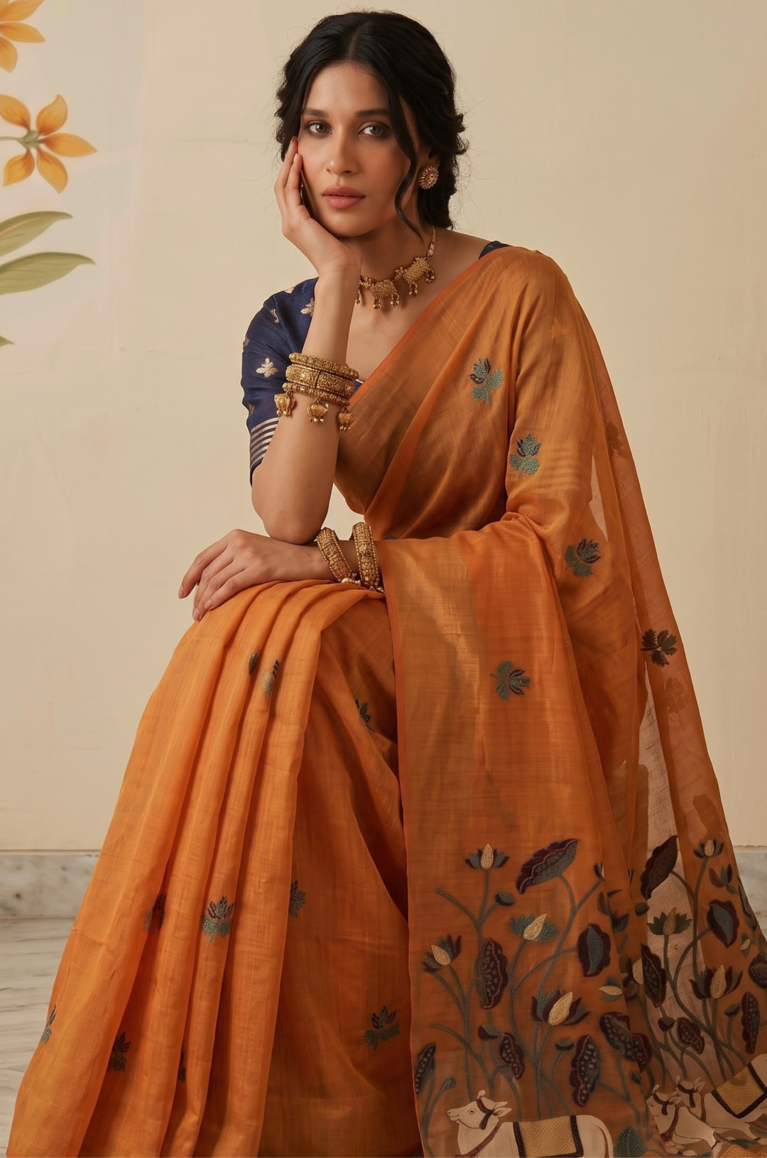 Orange Woven Jamdhani Cotton Saree | Braj Collection