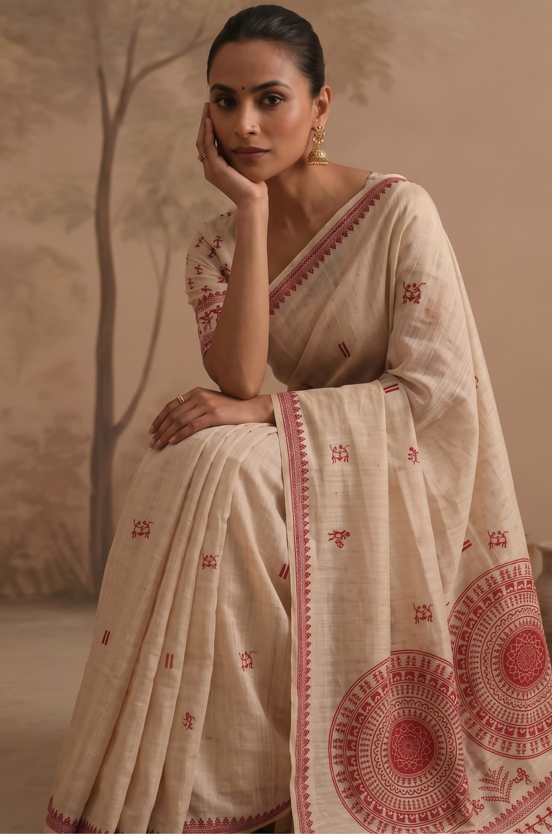 Red Woven Jamdhani Cotton Saree | Sutra Collection