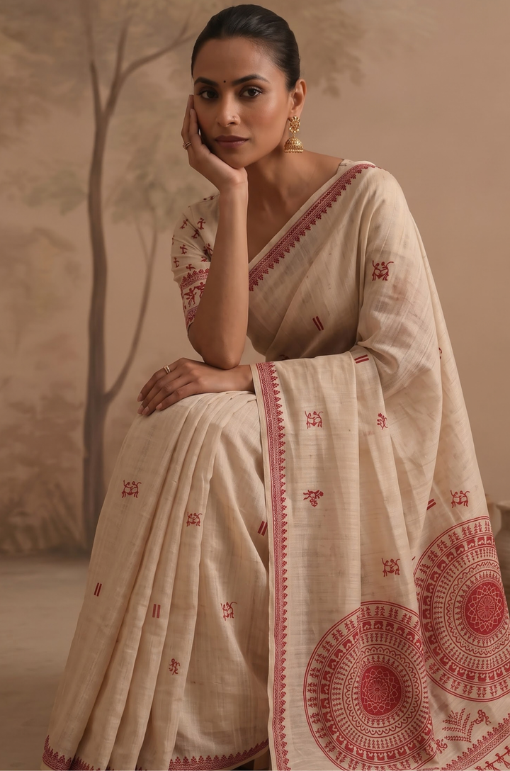 Red Woven Jamdhani Cotton Saree | Sutra Collection