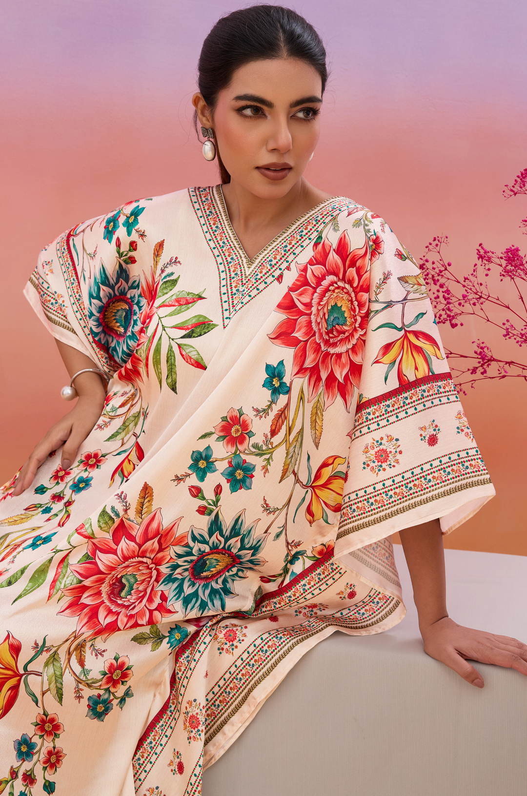 Retro Radiance Soft Satin Women Kaftan Dress with Digital Print