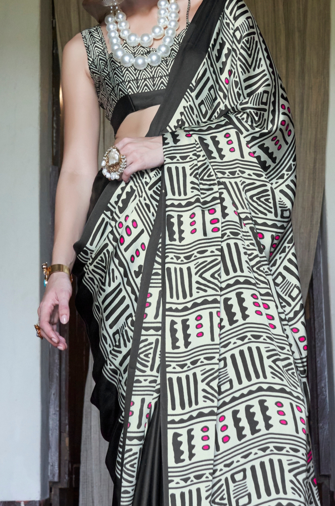Pink-Black Linear Muse Digital Print Modal Satin Saree
