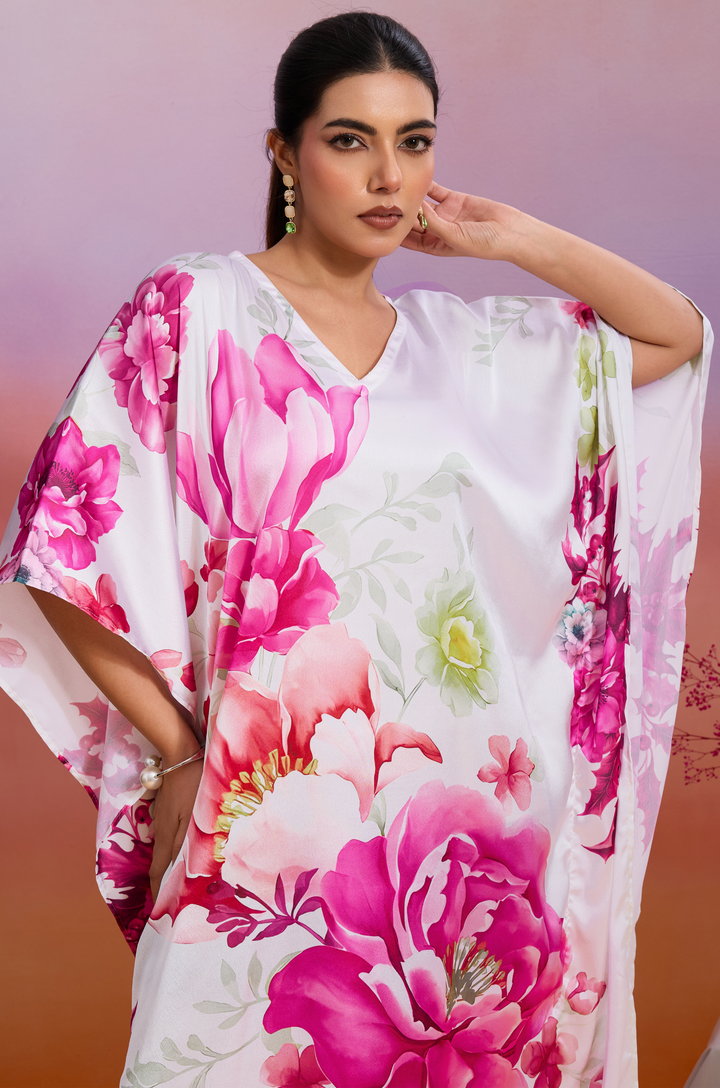 Roselle Glow Soft Satin Women Kaftan Dress with Digital Print