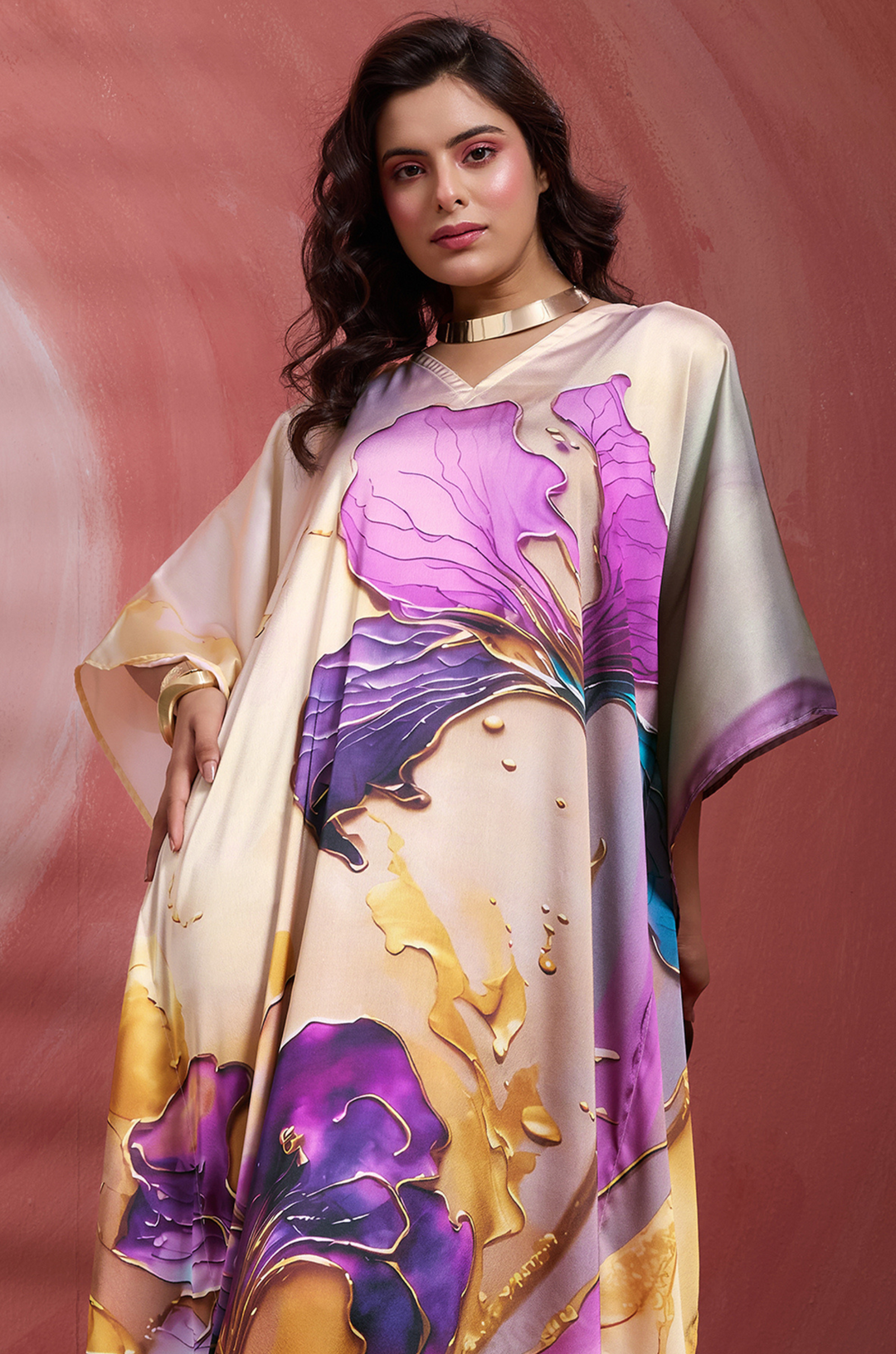 Violet Grace Soft Satin Women Kaftan Dress with Digital Print