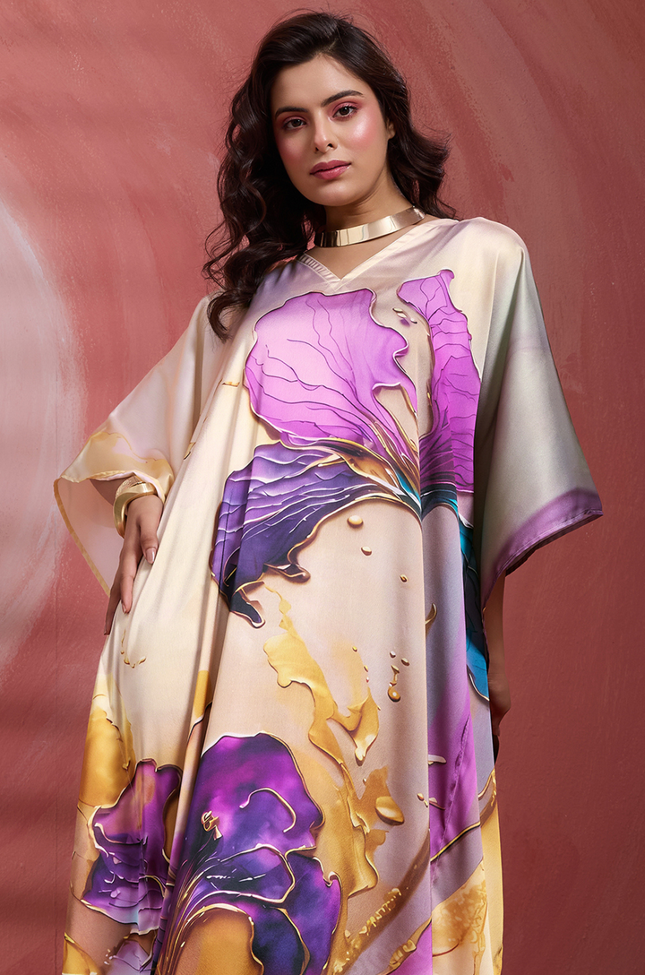 Violet Grace Soft Satin Women Kaftan Dress with Digital Print