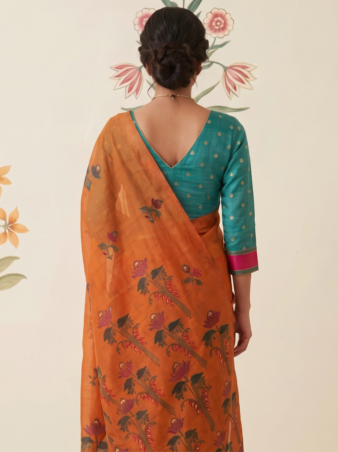 Tangerine Woven Jamdhani Cotton Saree | Braj Collection