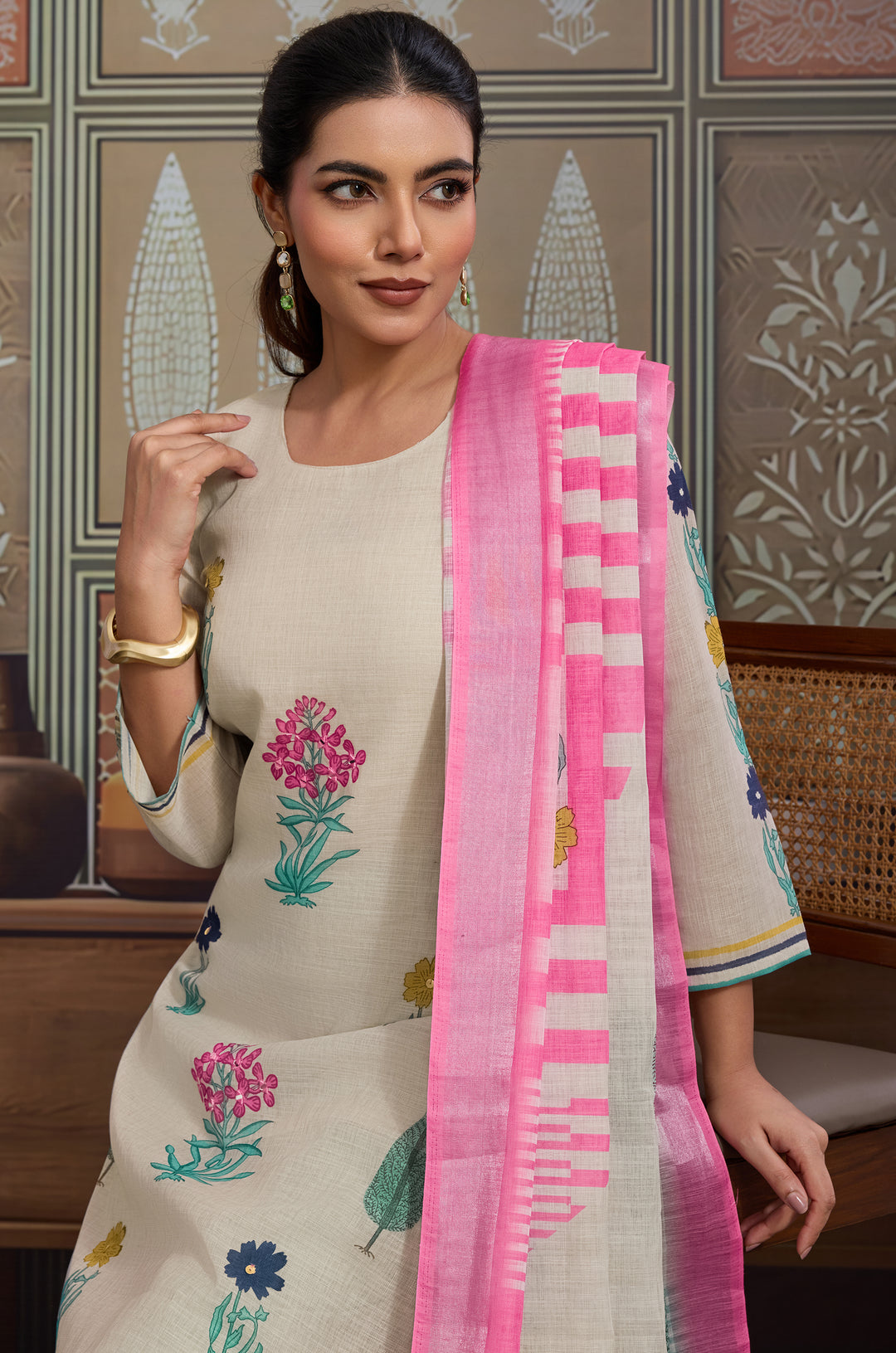 Floral Pop Linen Cotton Women Suit Set with Digital Print Dupatta