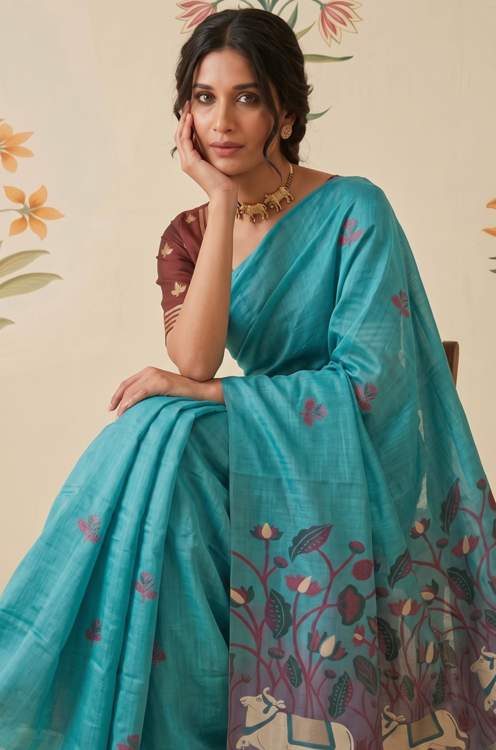 Blue Woven Jamdhani Cotton Saree | Braj Collection