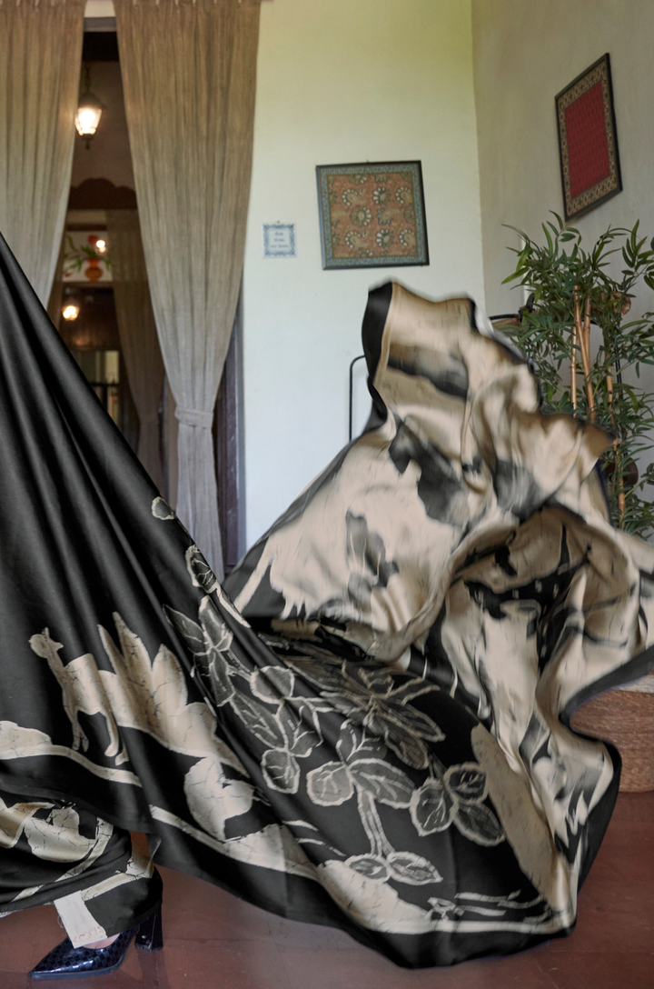 Deep Black Linear Muse Digital Print Modal Satin Saree