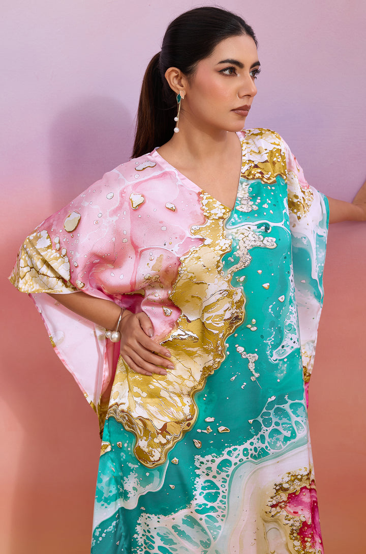Sorbet Shell Soft Satin Women Kaftan Dress with Digital Print