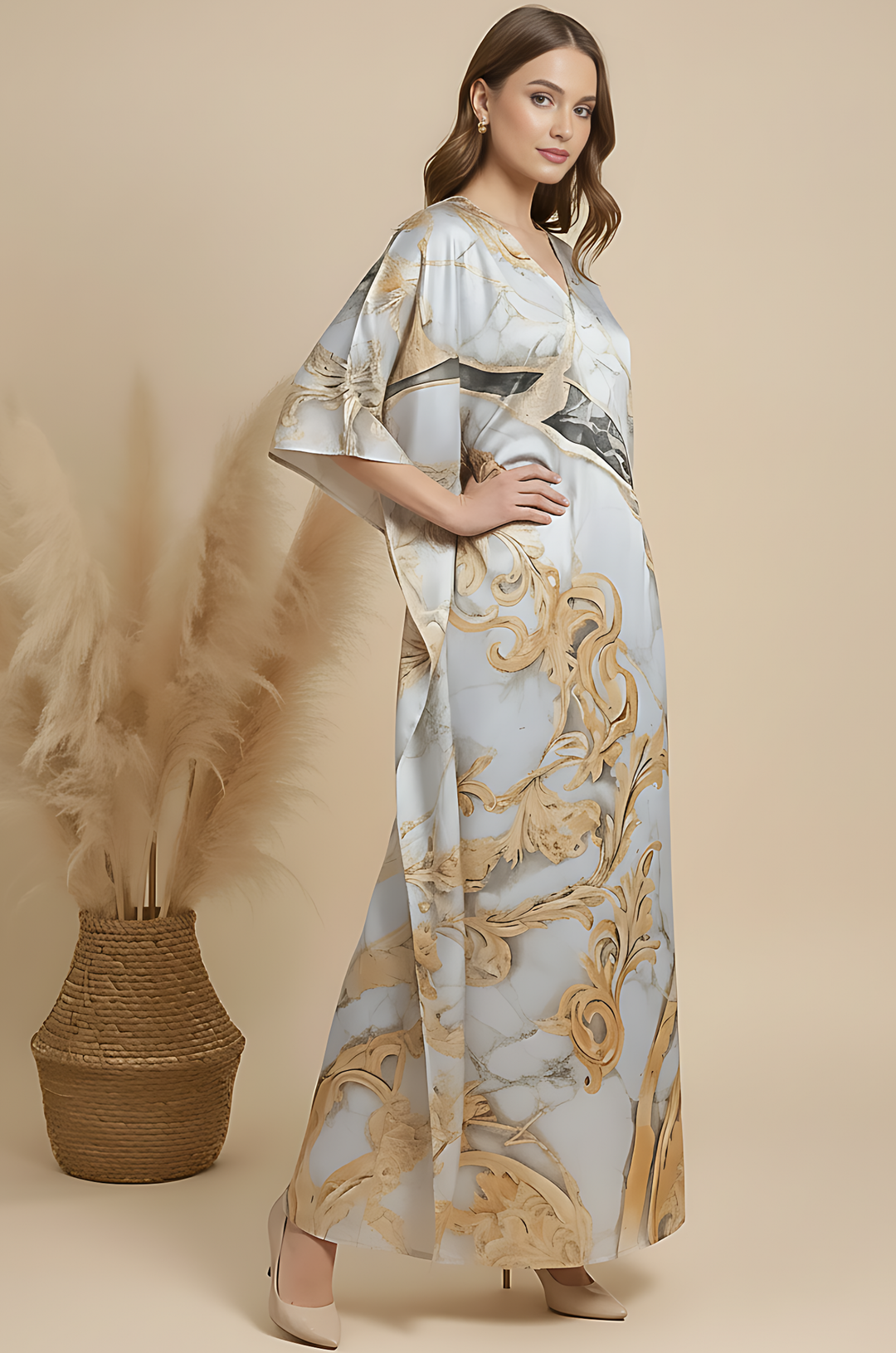 Golden Ornate Soft Satin Women Kaftan Dress with Digital Print