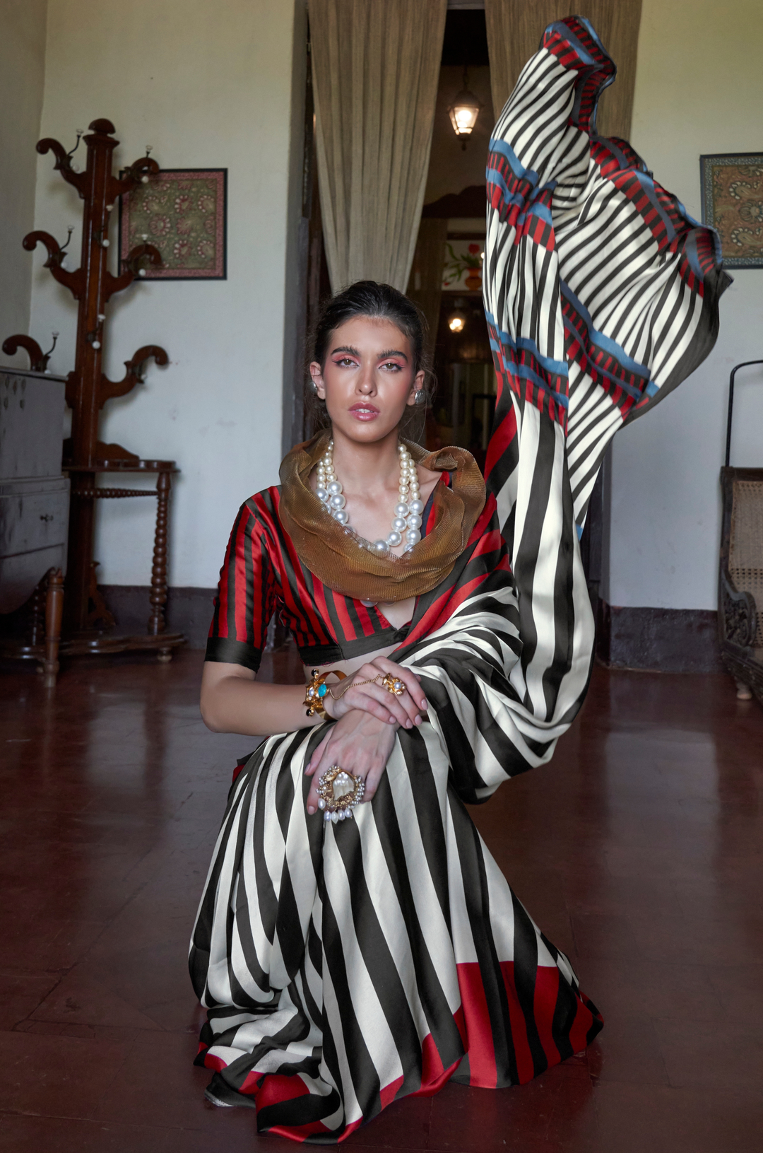 Red-Black Linear Muse Digital Print Modal Satin Saree