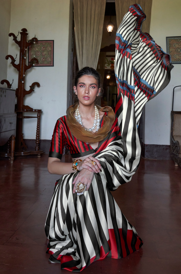 Red-Black Linear Muse Digital Print Modal Satin Saree