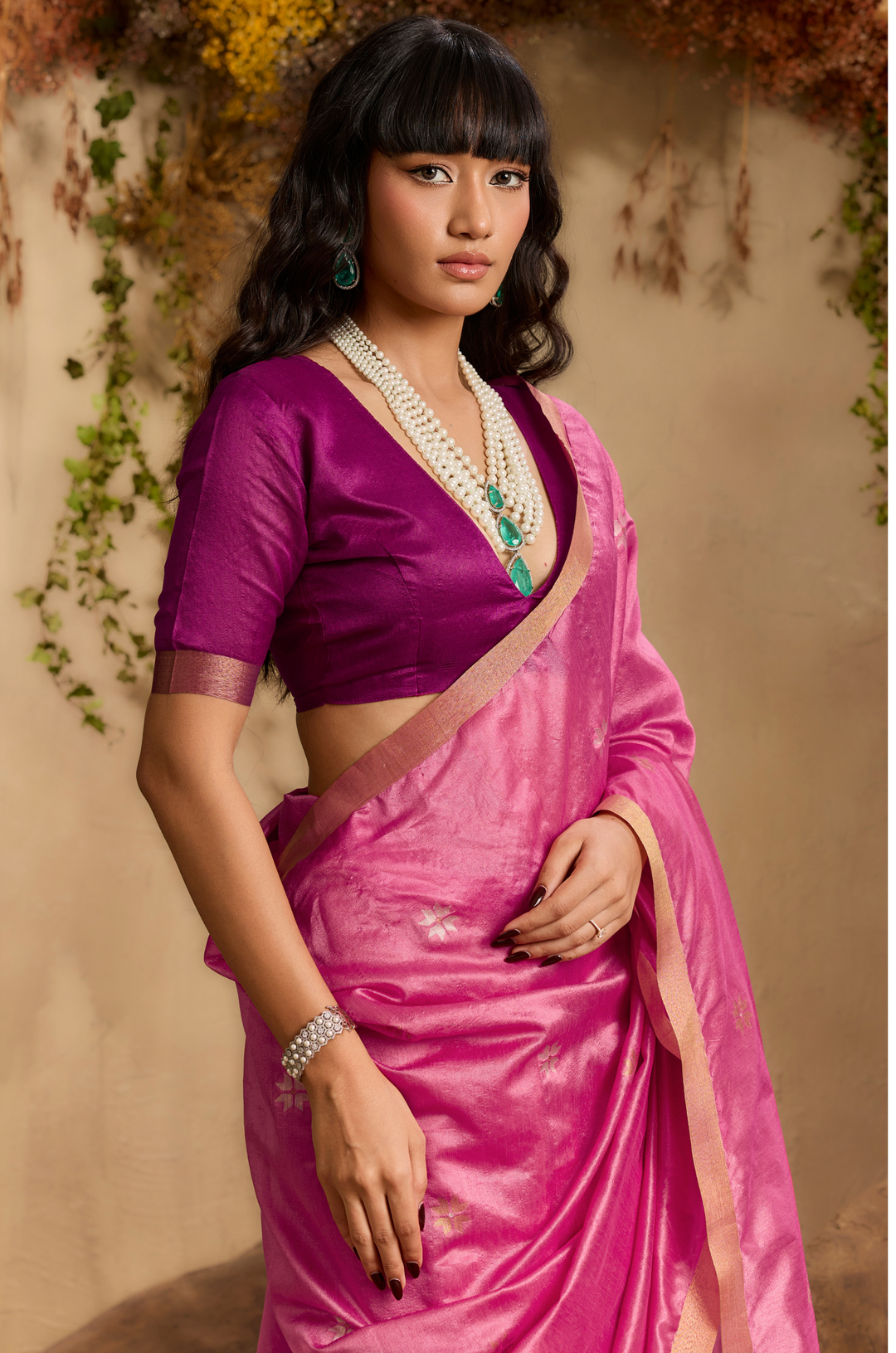 Pink Zarina Woven Tusshar Silk Saree