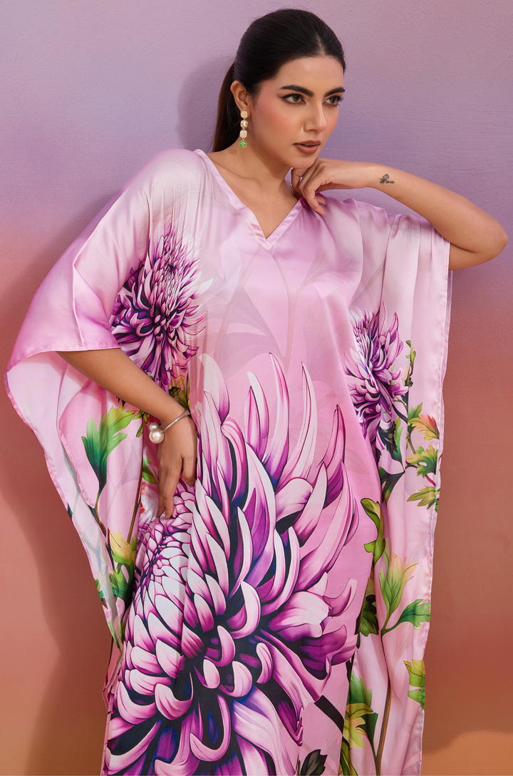 Coral Mist Soft Satin Women Kaftan Dress with Digital Print