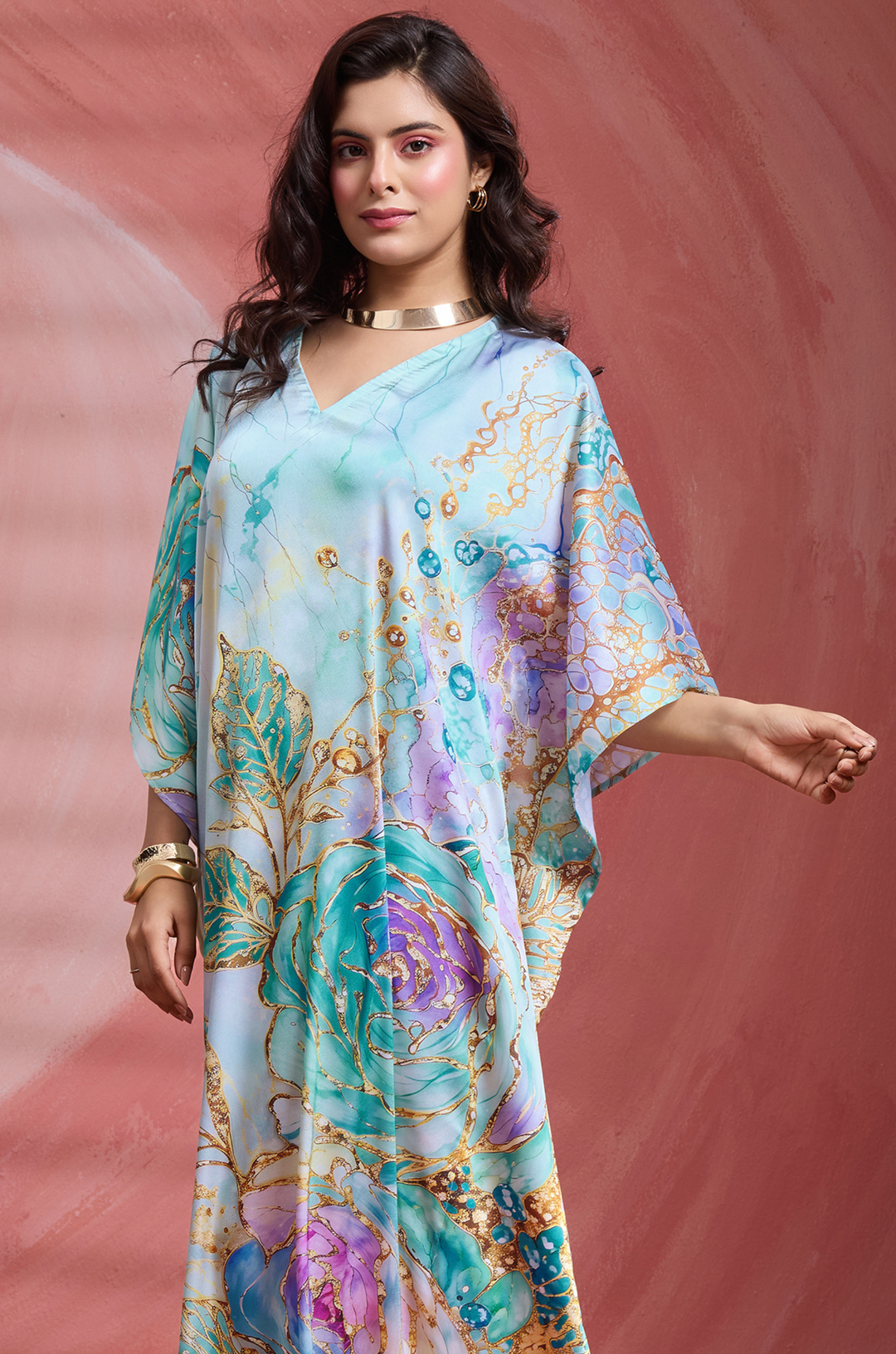 Aqua Garden - Premium Long Kaftan for Women | Label Aarna
