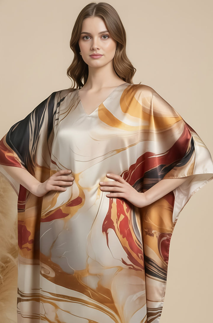 Classic Marble Soft Satin Women Kaftan Dress with Digital Print