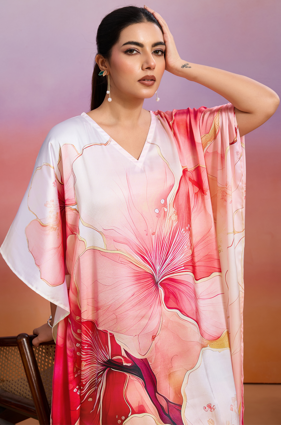 Aloha Bloom Soft Satin Women Kaftan Dress with Digital Print