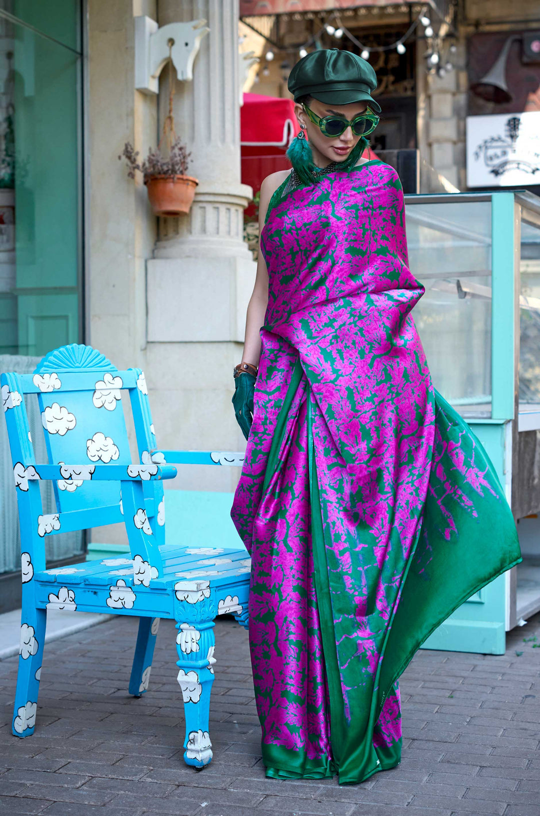 Hot Pink Fusion Play Digital Print Satin Crepe Saree