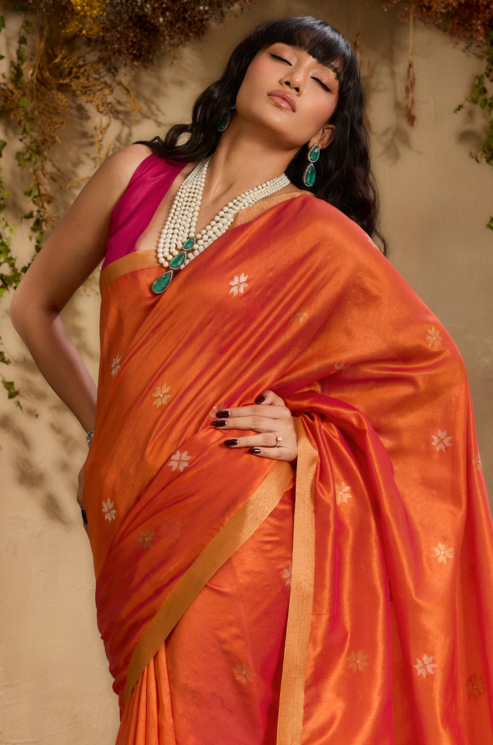Orange Zarina Woven Tusshar Silk Saree
