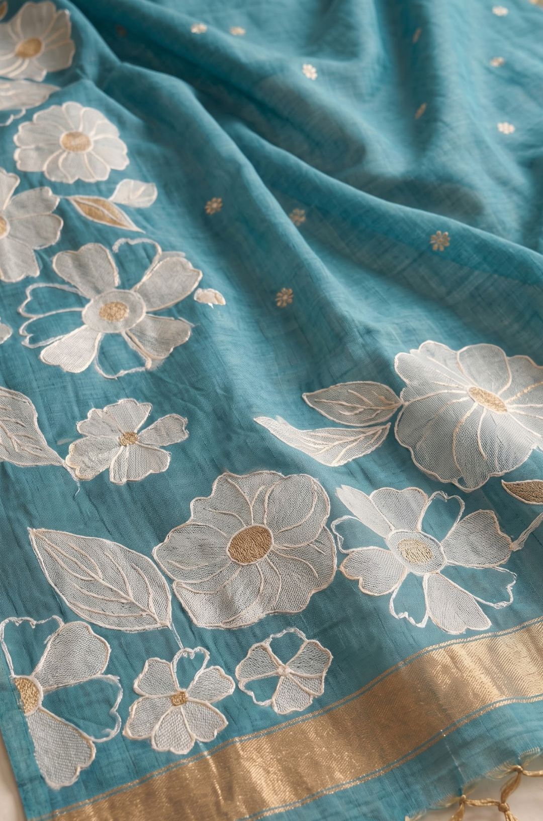 Aqua Blue Woven Jamdhani Cotton Saree | Madhuban Collection