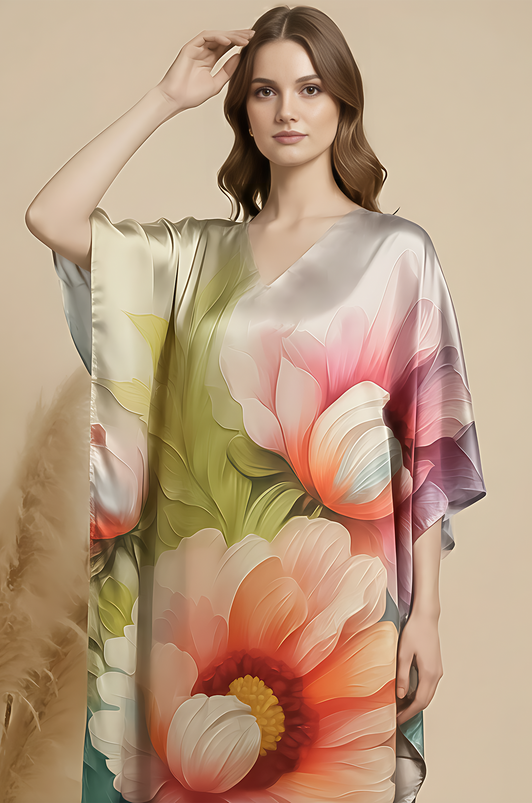 Misty Petals Soft Satin Women Kaftan Dress with Digital Print