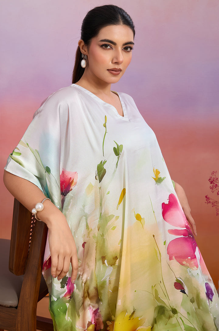 Bright Garland Soft Satin Women Kaftan Dress with Digital Print