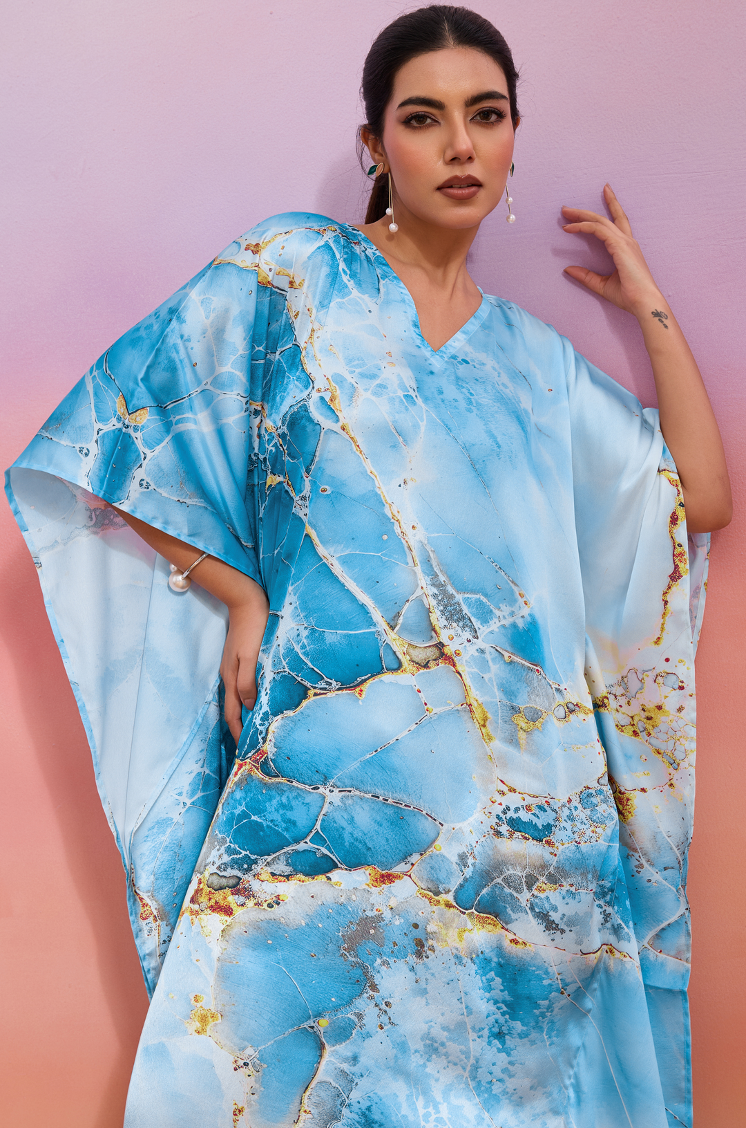 Skyline Marble Soft Satin Women Kaftan Dress with Digital Print