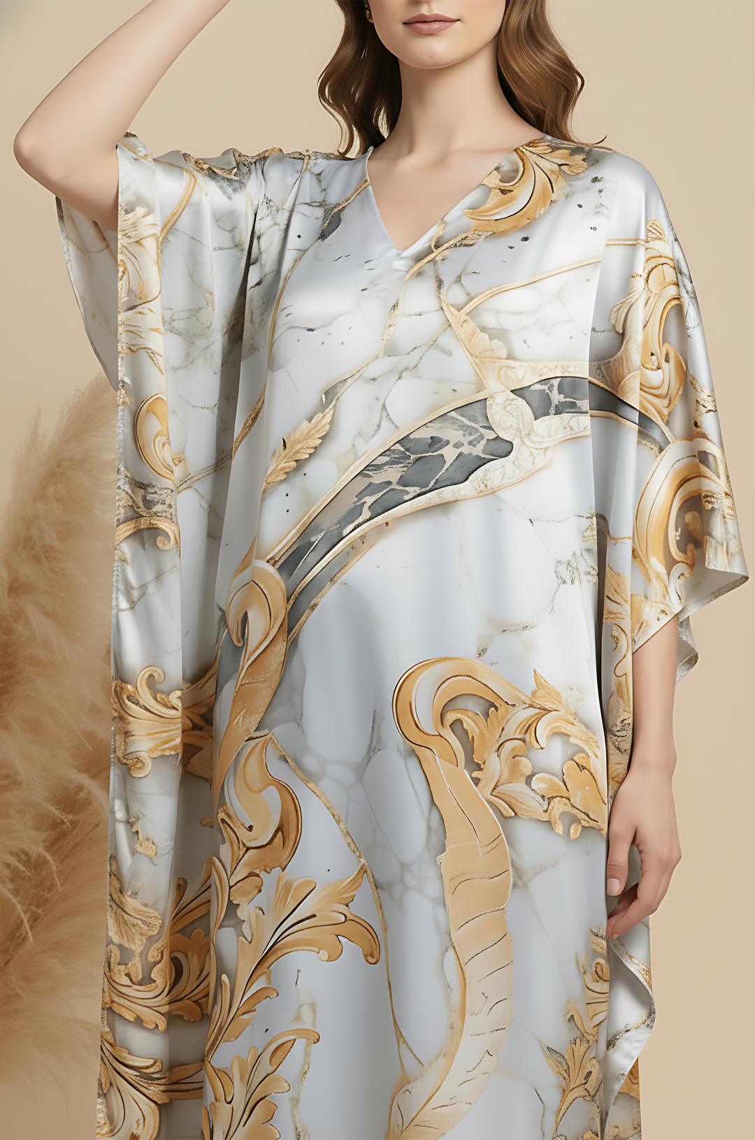 Golden Ornate Soft Satin Women Kaftan Dress with Digital Print
