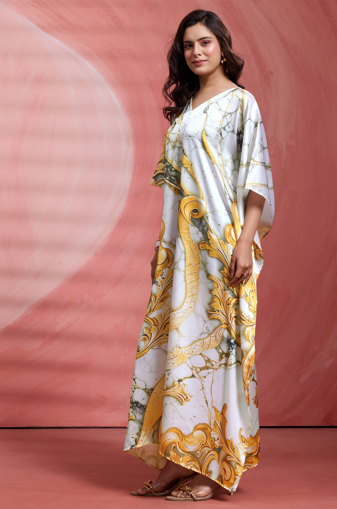 Golden Ornate Satin Kaftan - Free Size M-3XL | Label Aarna