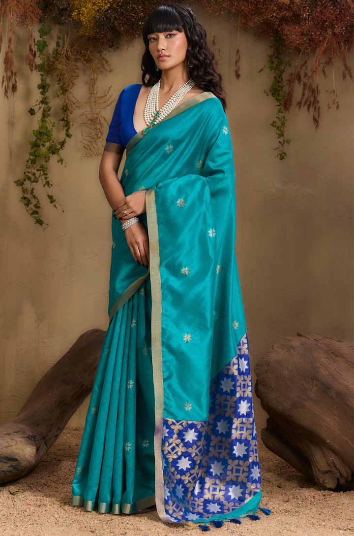 Blue Zarina Woven Tusshar Silk Saree
