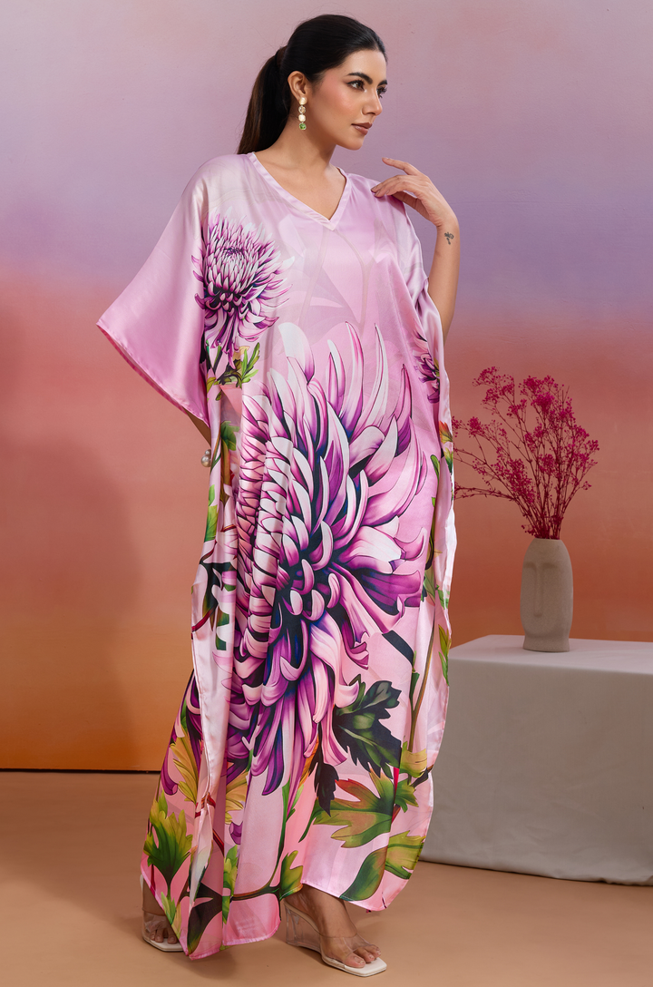 Coral Mist Soft Satin Women Kaftan Dress with Digital Print