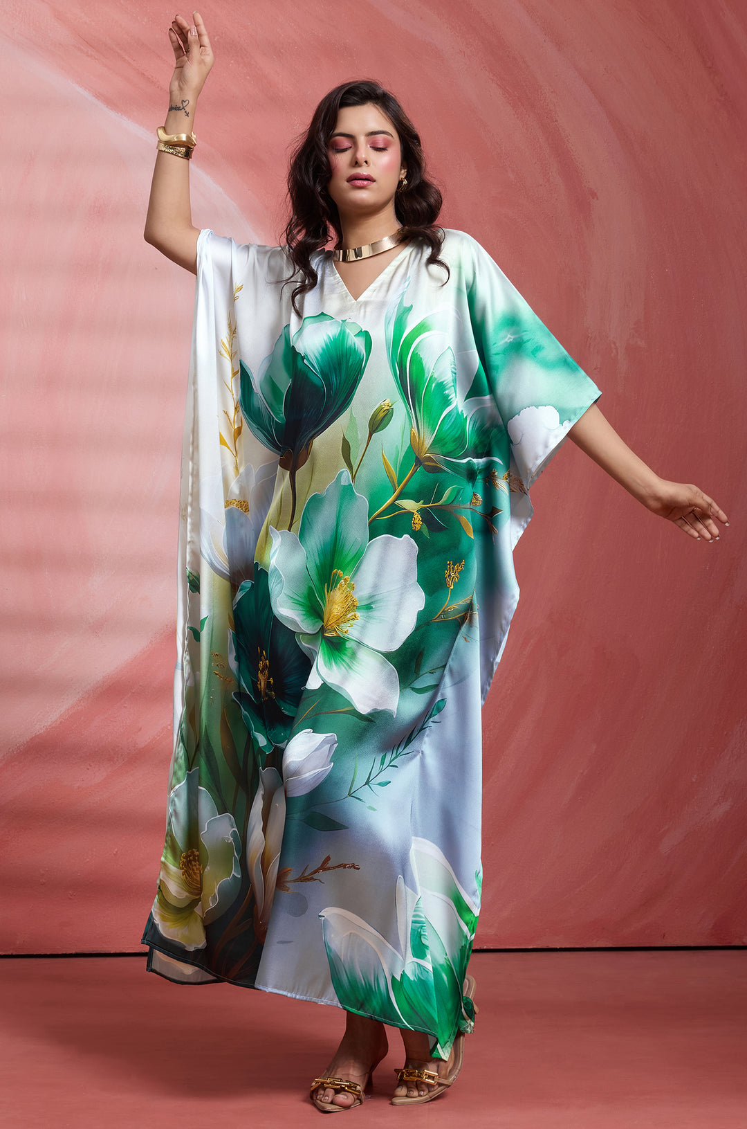Sage Flow Satin Kaftan - Free Size M-3XL | Label Aarna