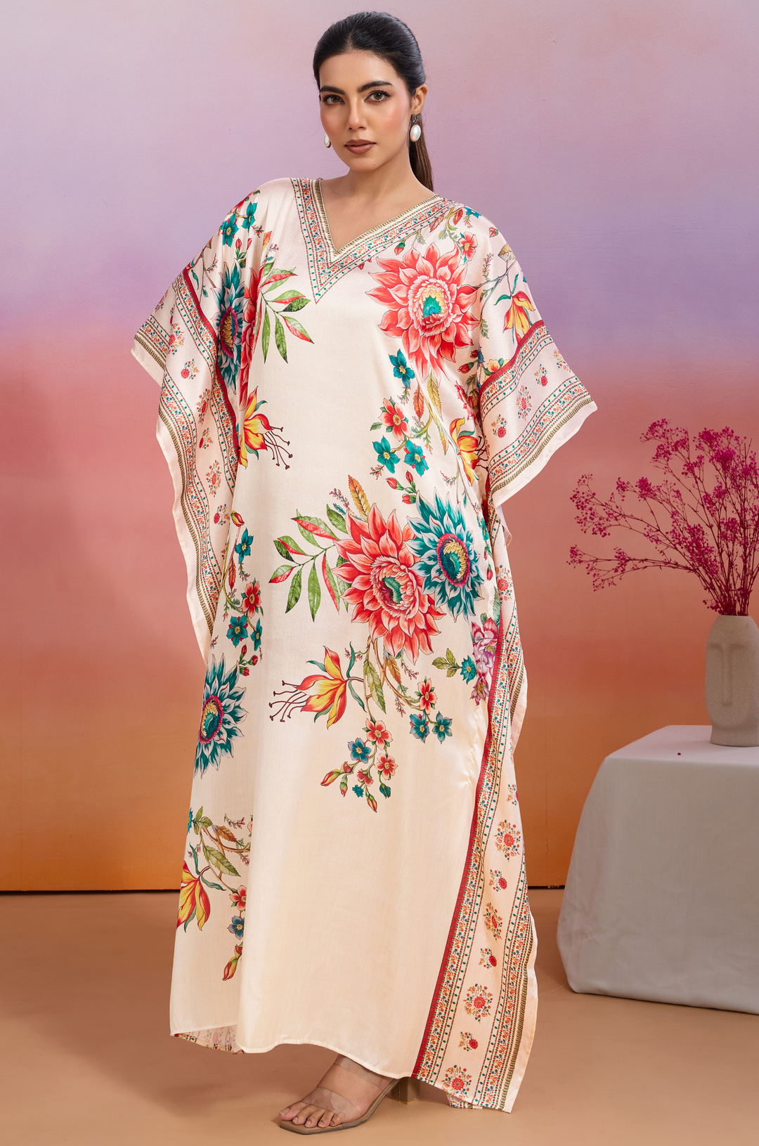 Retro Radiance Soft Satin Women Kaftan Dress with Digital Print