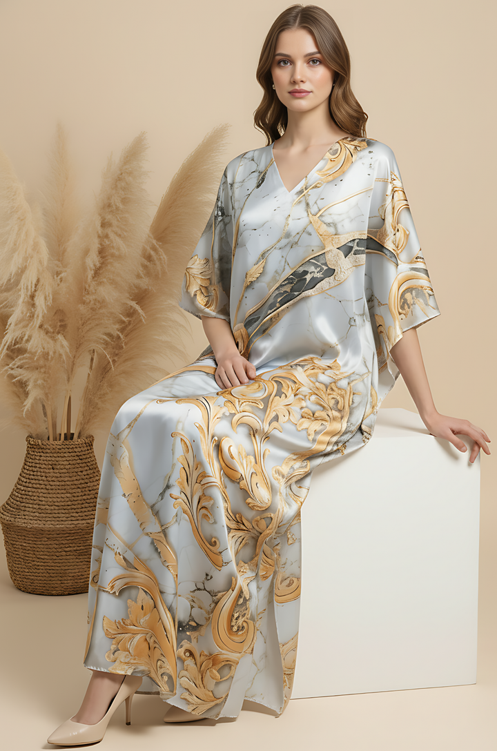 Golden Ornate Soft Satin Women Kaftan Dress with Digital Print