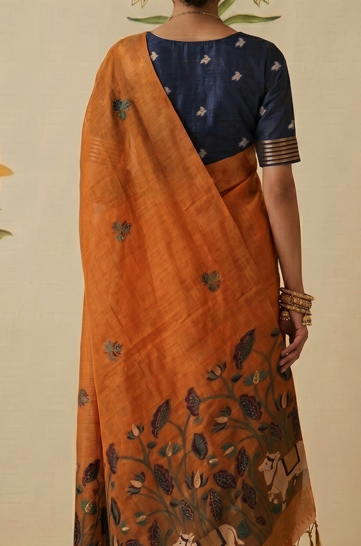Orange Woven Jamdhani Cotton Saree | Braj Collection
