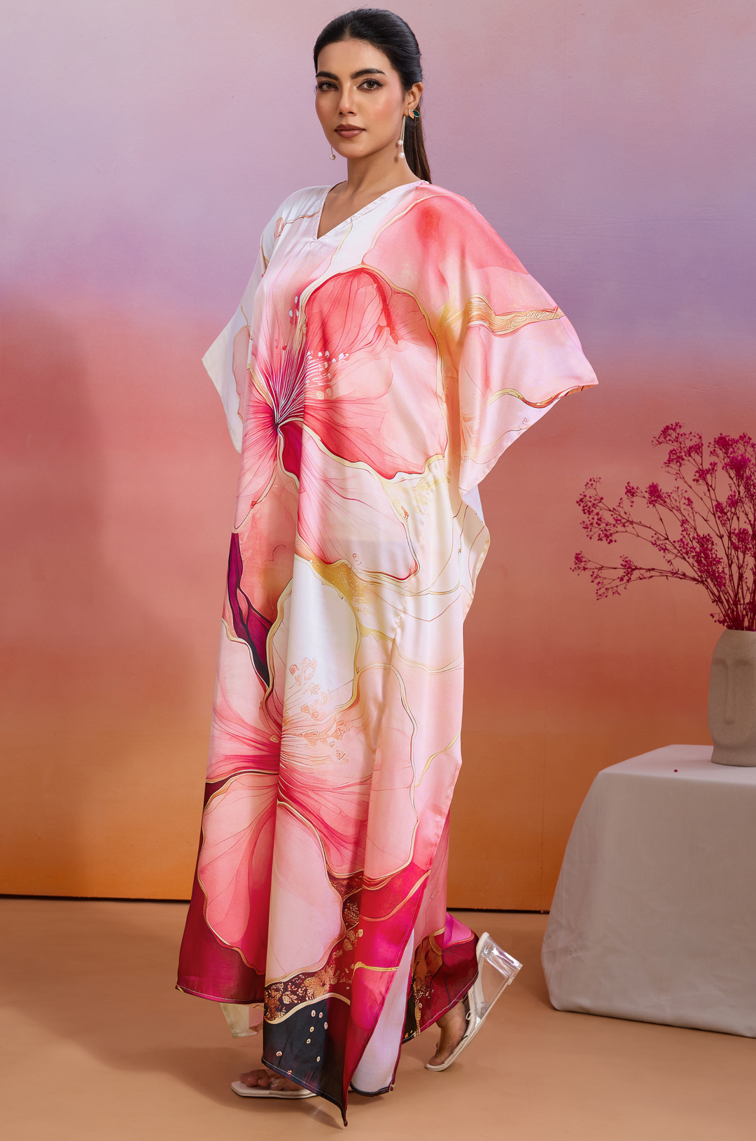 Aloha Bloom Soft Satin Women Kaftan Dress with Digital Print