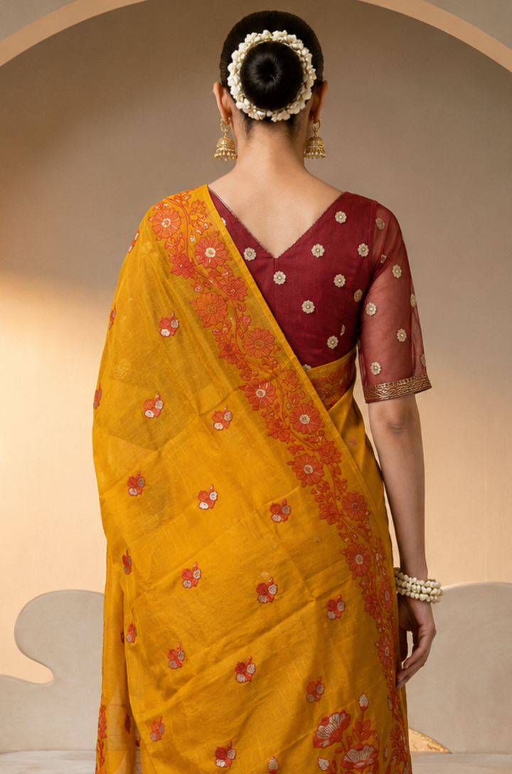 Bright Yellow Woven Jamdhani Cotton Saree | Madhuban Collection