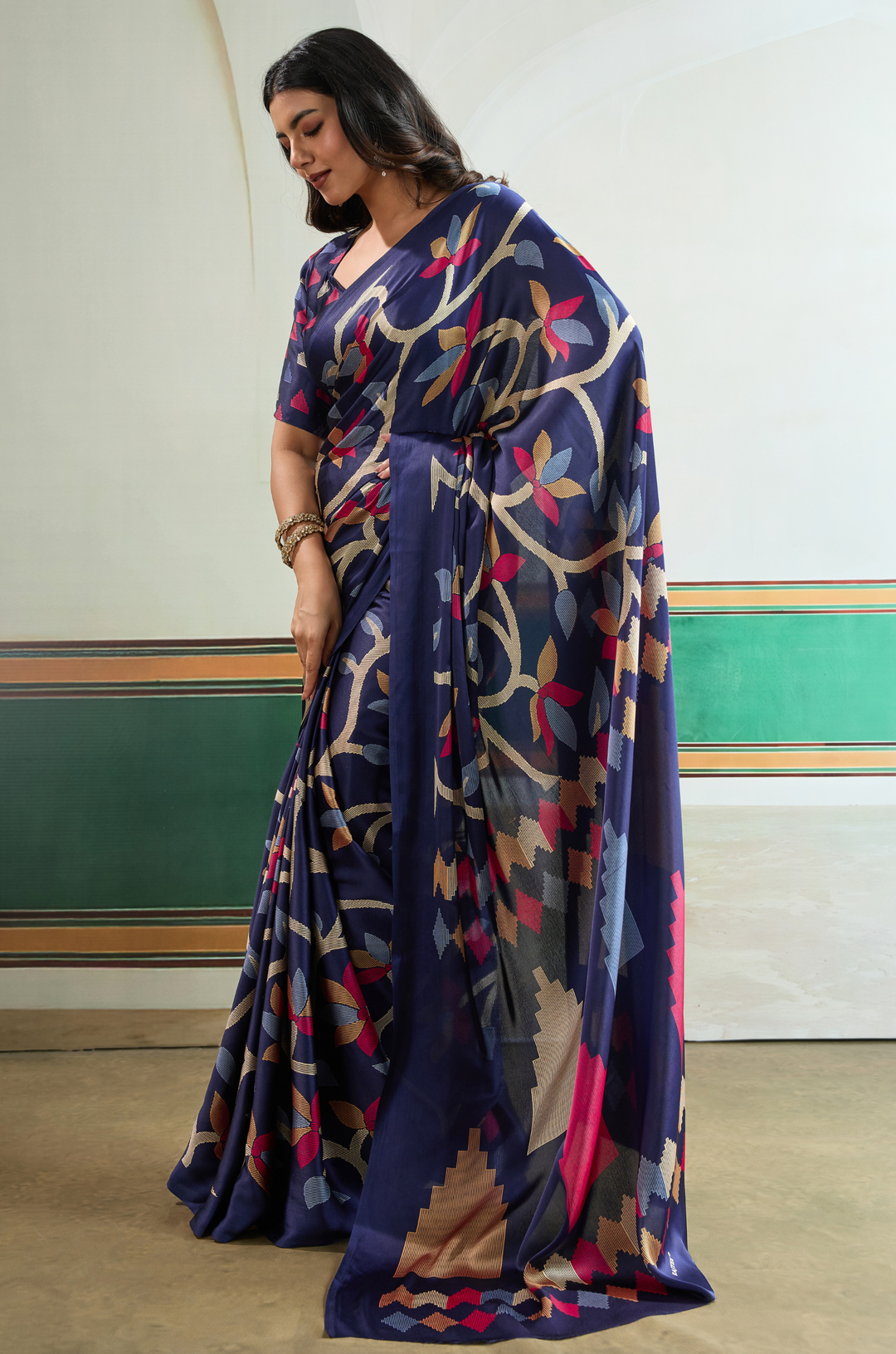 Navy Blue Vibrant Luxe Digital Ajrakh Print Saree