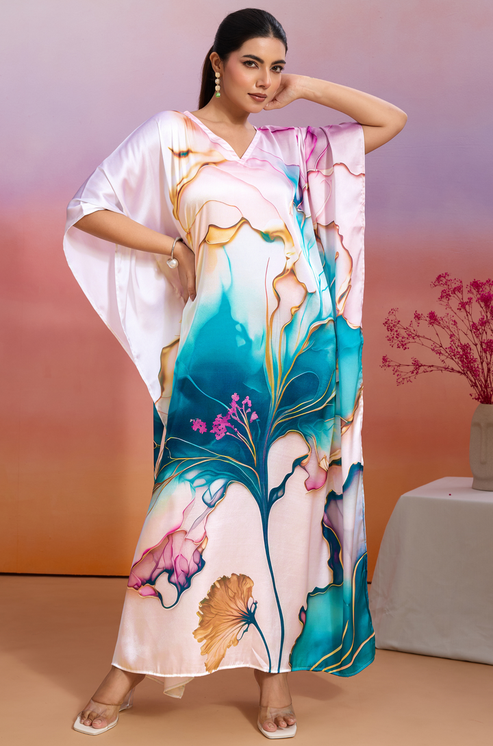 Ocean Tide Soft Satin Women Kaftan Dress with Digital Print