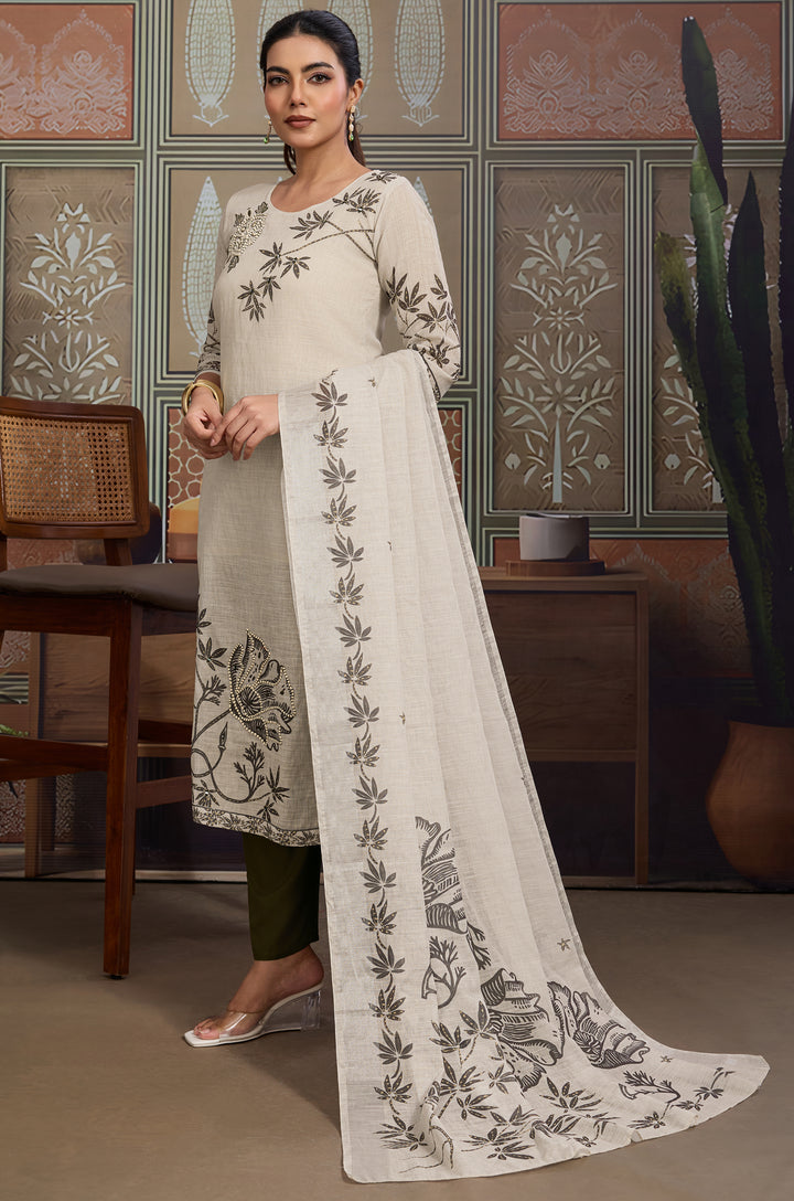 Muted Forest Linen Cotton Women Suit Set with Digital Print Dupatta
