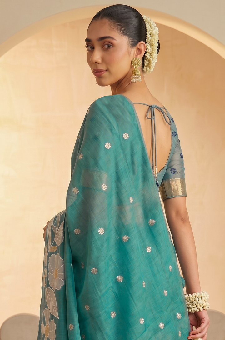Aqua Blue Woven Jamdhani Cotton Saree | Madhuban Collection