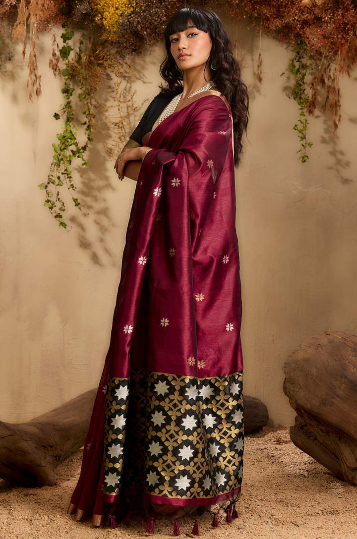 Maroon Zarina Woven Tusshar Silk Saree