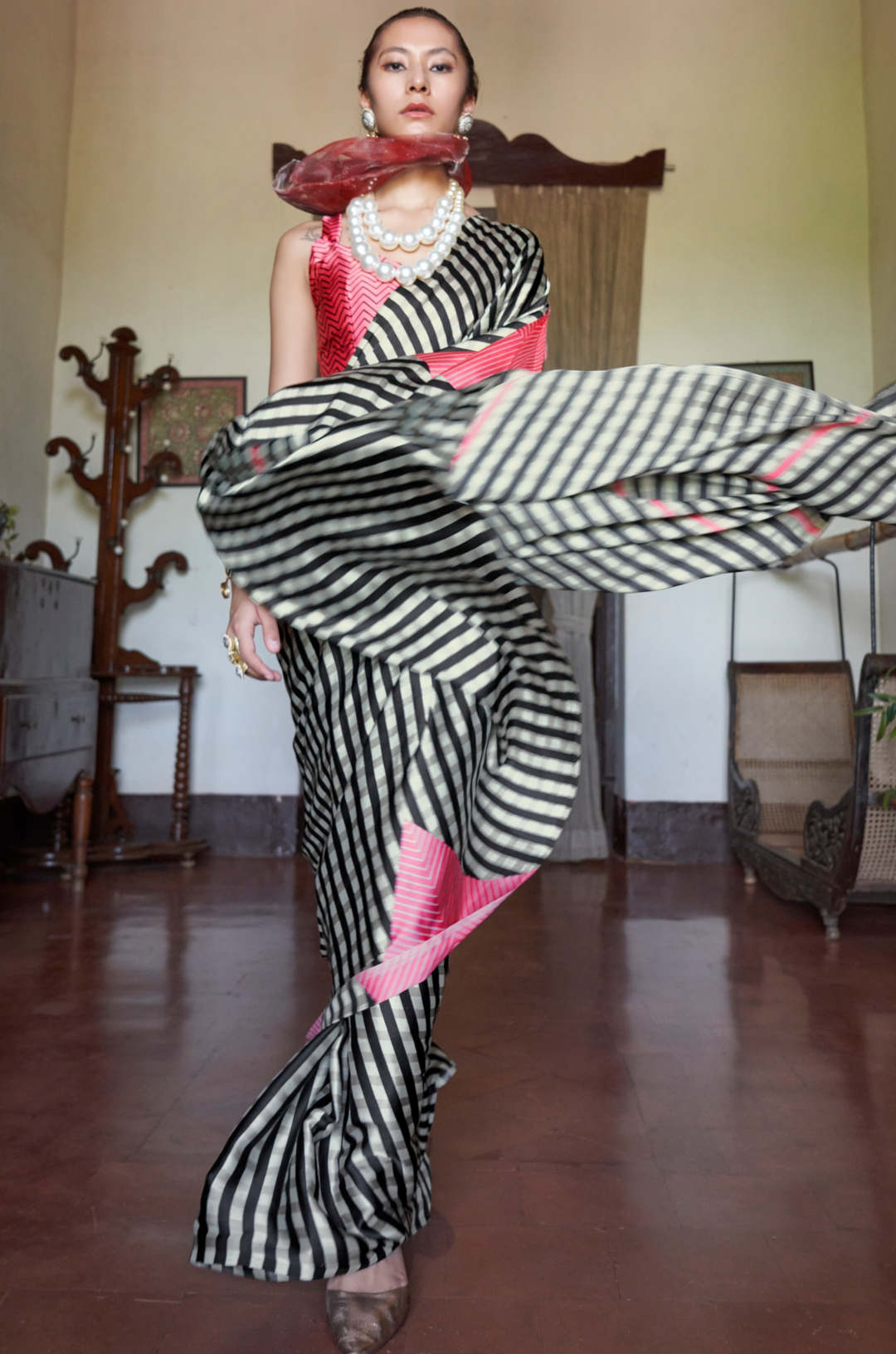 Striped Black Linear Muse Digital Print Modal Satin Saree