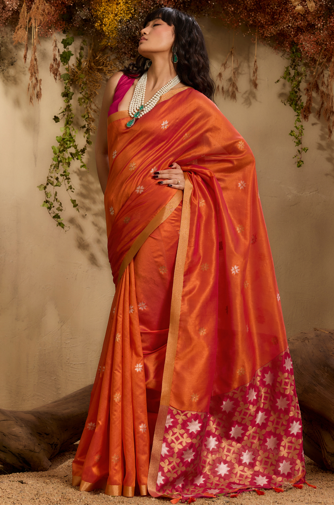 Orange Zarina Woven Tusshar Silk Saree